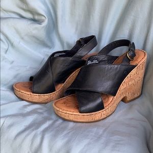 3 inch Black Leather Cork Wedge Heels